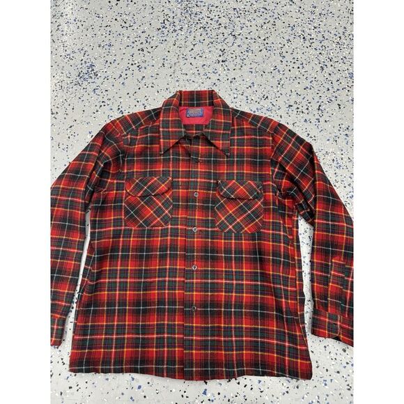 VTG Pendleton Woolen Mills Men L Button Up Pure Virgin Wool Shirt Red Plaid Read - Picture 1 of 5